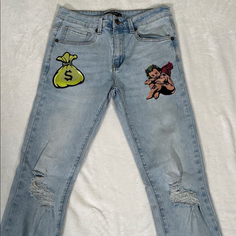 Roku Studio Light Blue Jeans with Angel and Money Bag Patches!